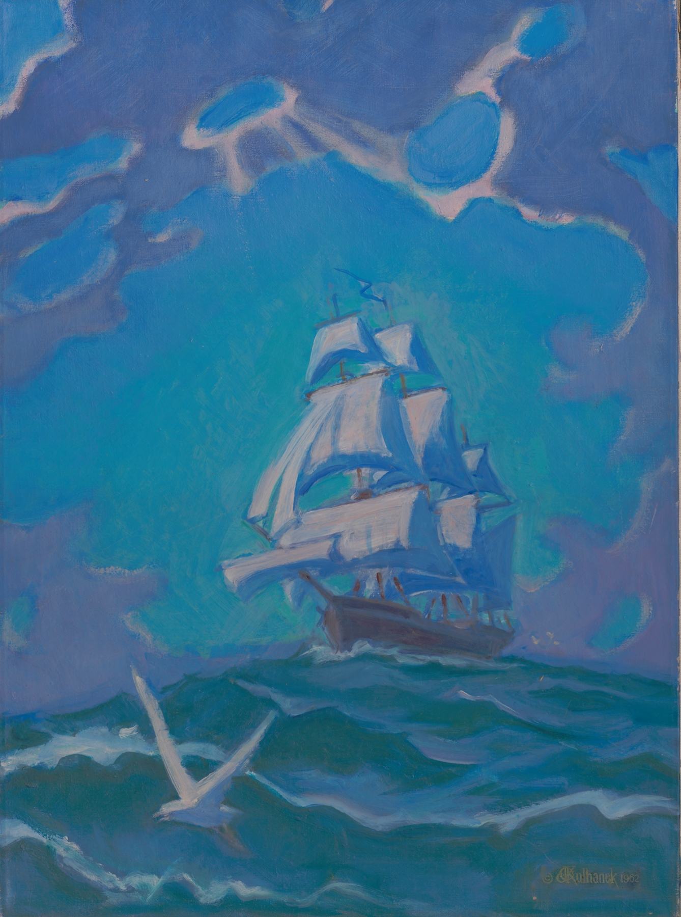Under Full Sail by James C. Kulhanek, modernism, sailboat on a lively ocean