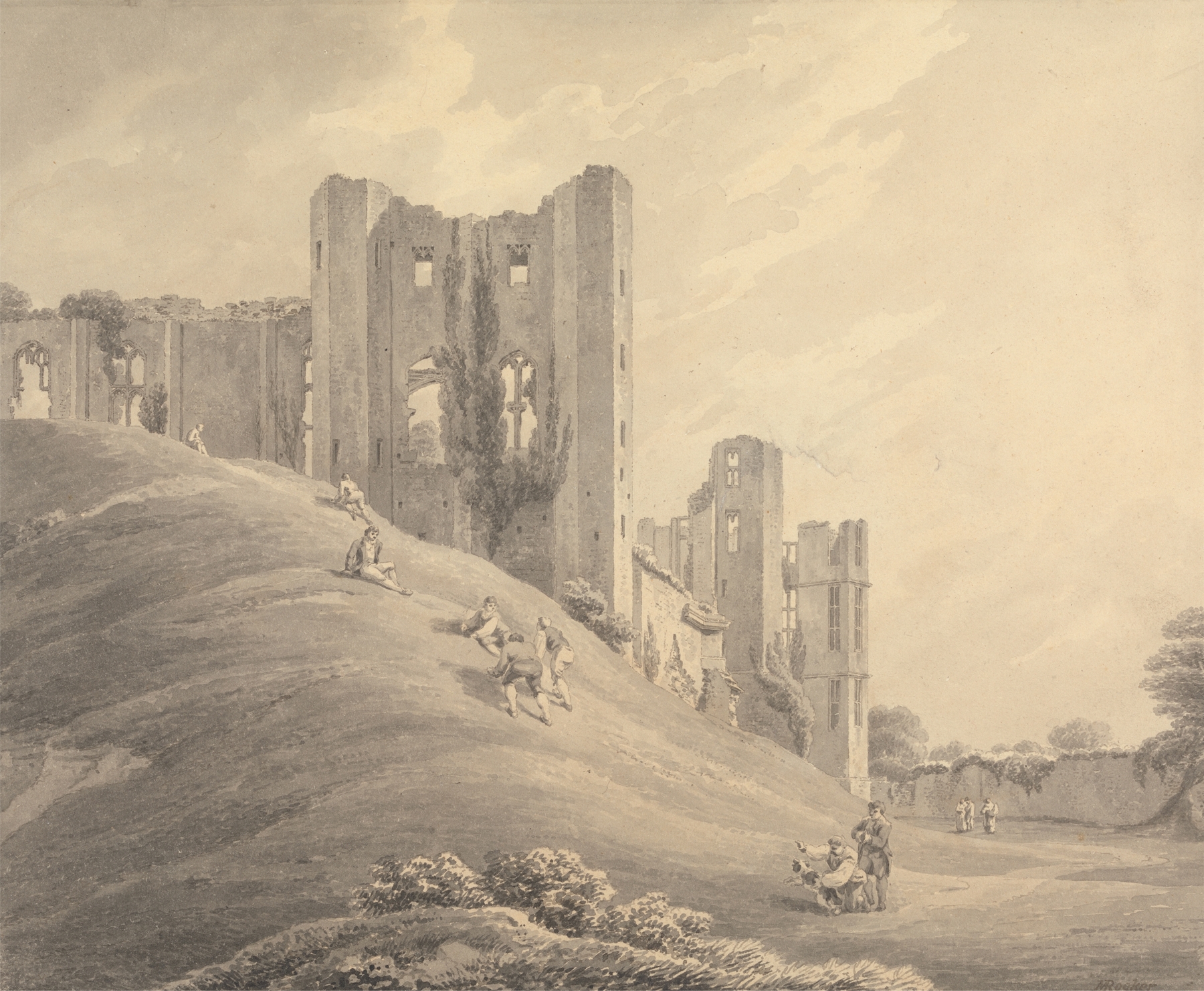 Kenilworth Castle, with Figures on the Hillside, by Michael Angelo Rooker, public domain