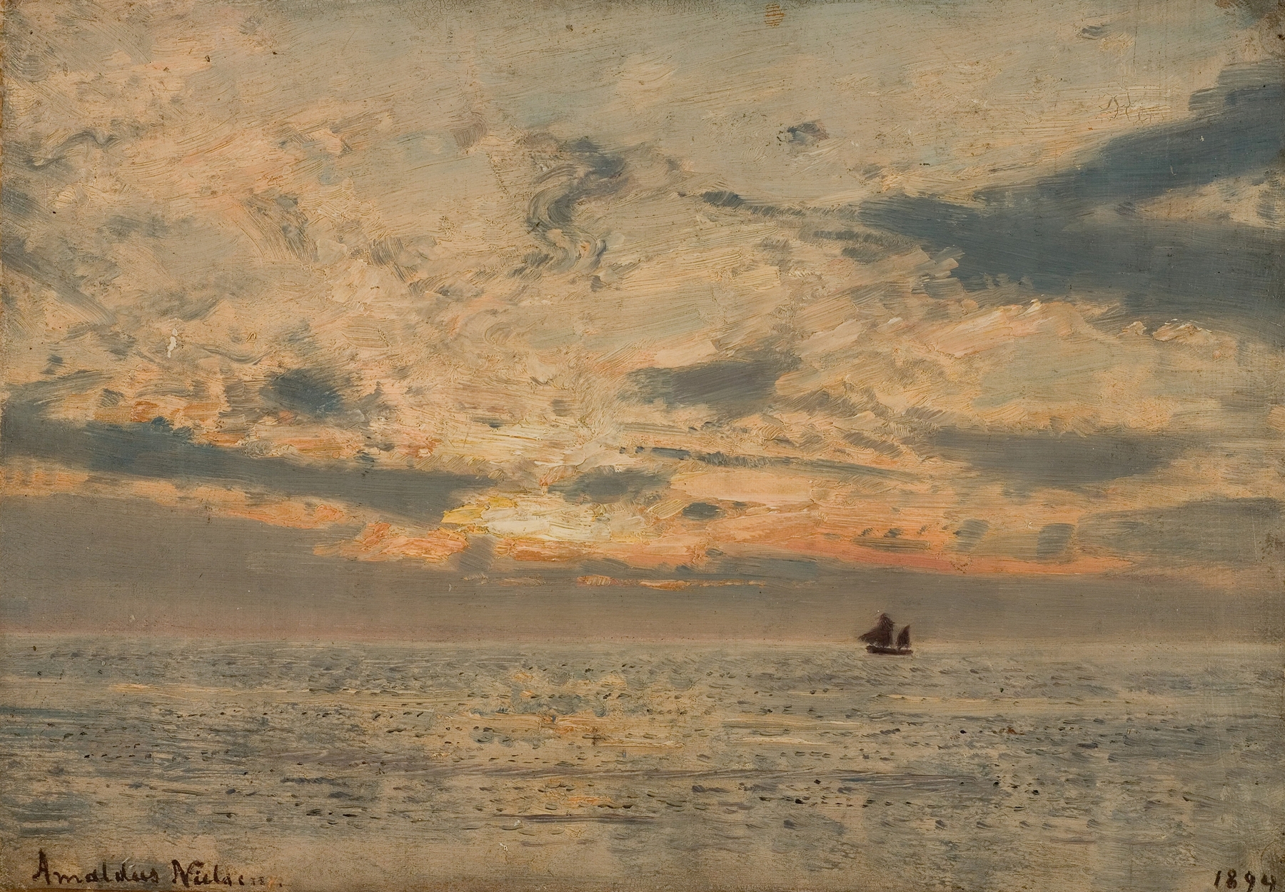 Aftenstemning by Amaldus Nielsen, oil on canvas depicting a serene landscape with muted tones.