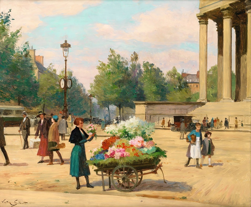 A flower vendor stands before the Madeleine Church in Paris.