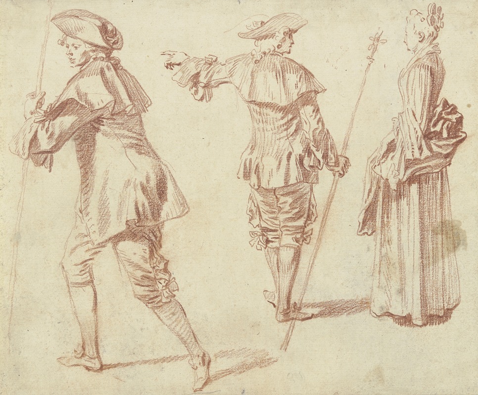 A painting depicting two pilgrims and a standing woman in profile by Jean-Antoine Watteau.