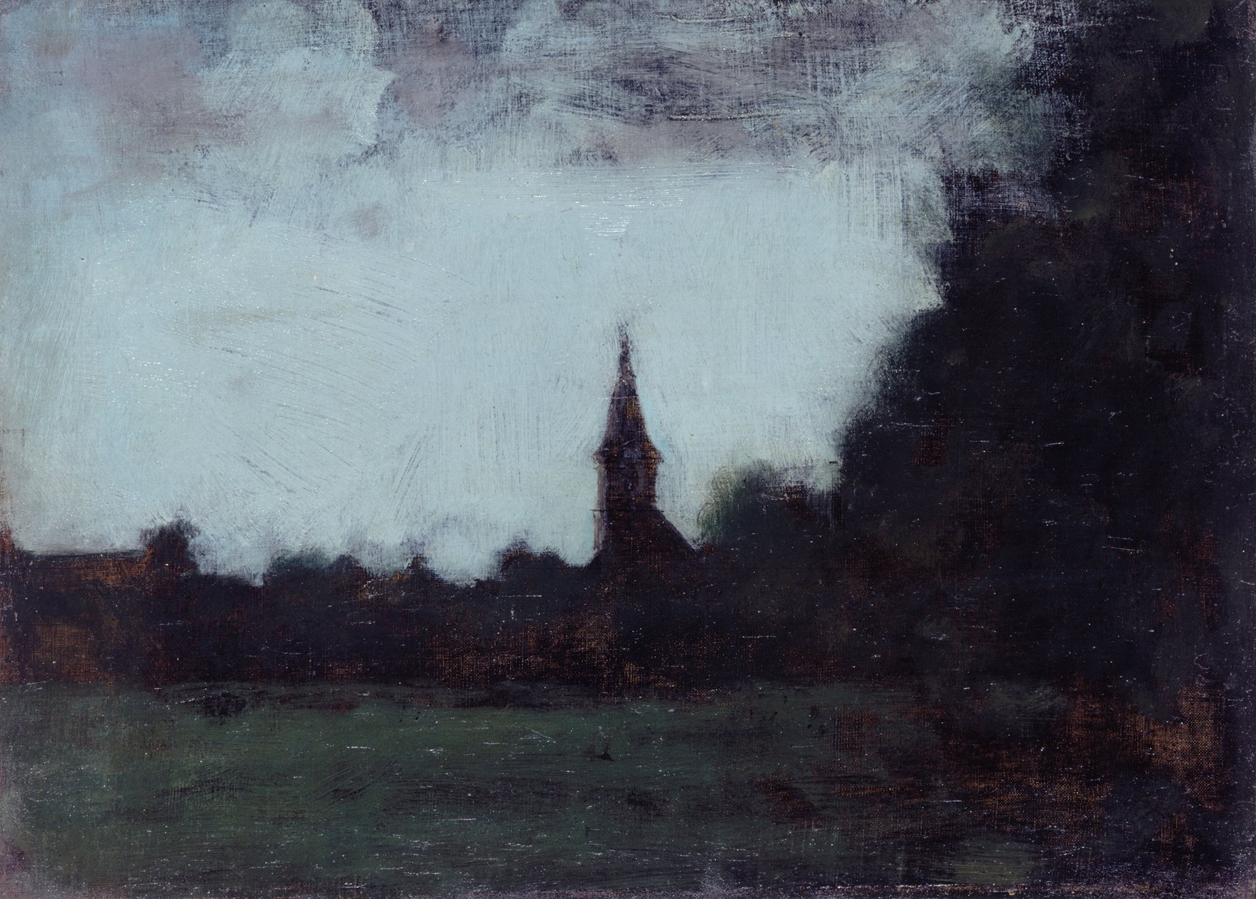 Landscape with hills and church steeple, oil on canvas by Jean-Jacques Henner