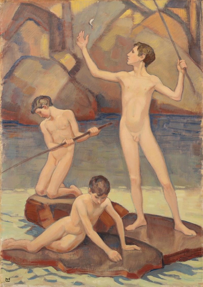 This painting depicts young boys in a serene natural setting.
