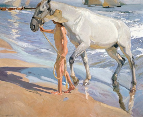 A painting depicting a horse taking a bath in a serene setting.