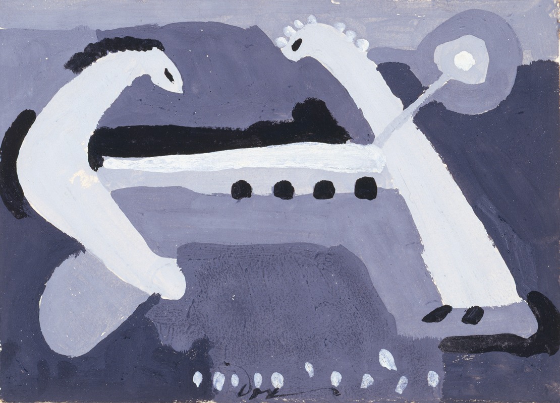 This artwork features an intriguing arrangement of black and white shapes.