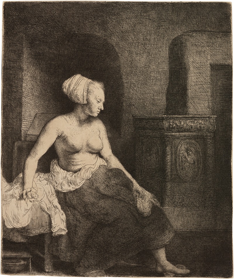 A painting by Rembrandt depicting a woman sitting half dressed beside a stove.