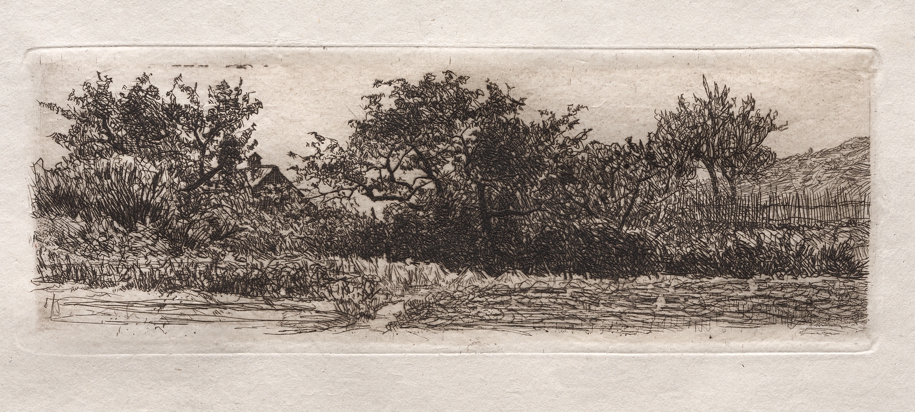 Roofs and Trees, watercolor on paper by Otto Henry Bacher, depicting trees and rooftops in gentle sunlight.