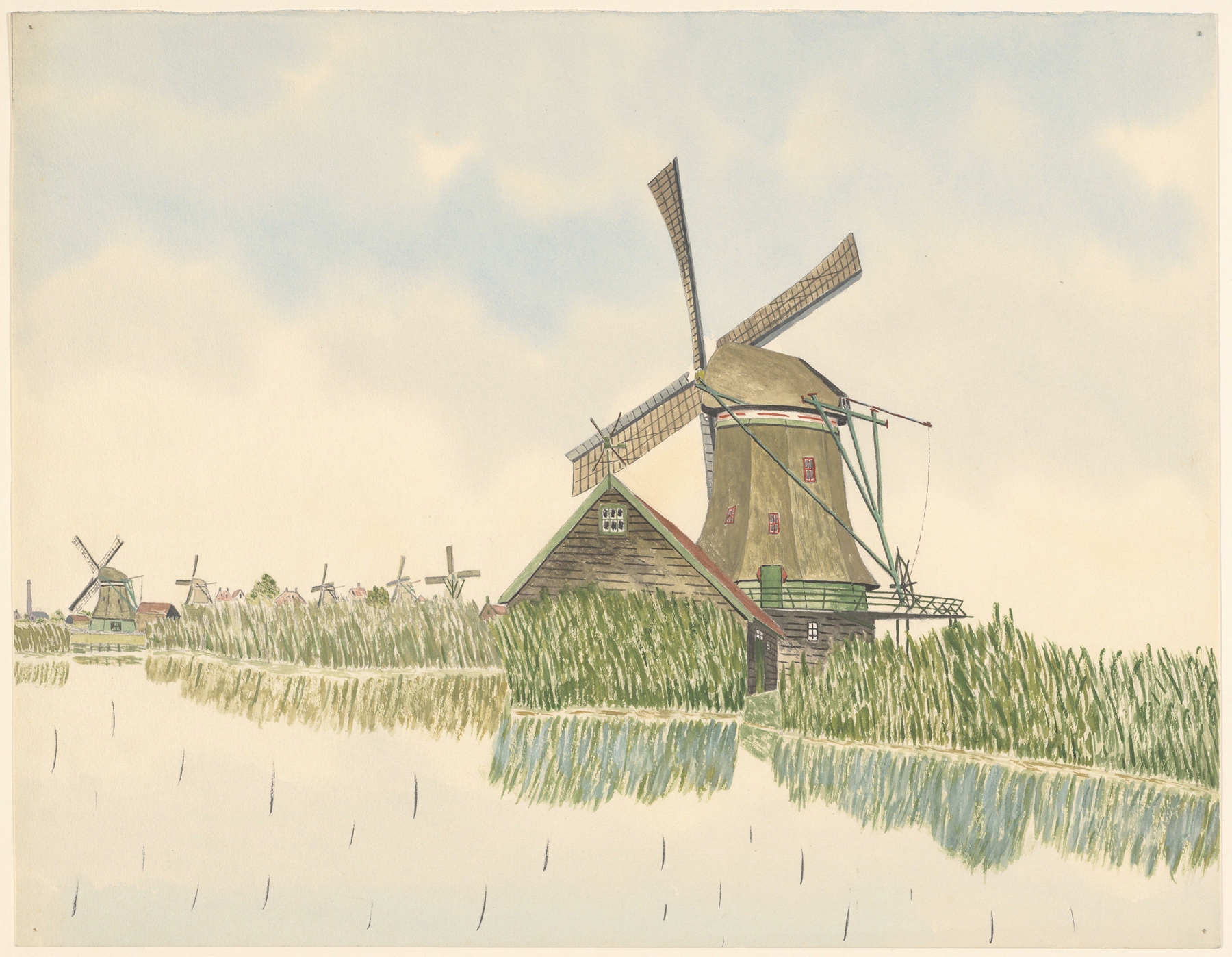 Landscape with windmill and river, oil on canvas by Johannes Nicolaas Eijman