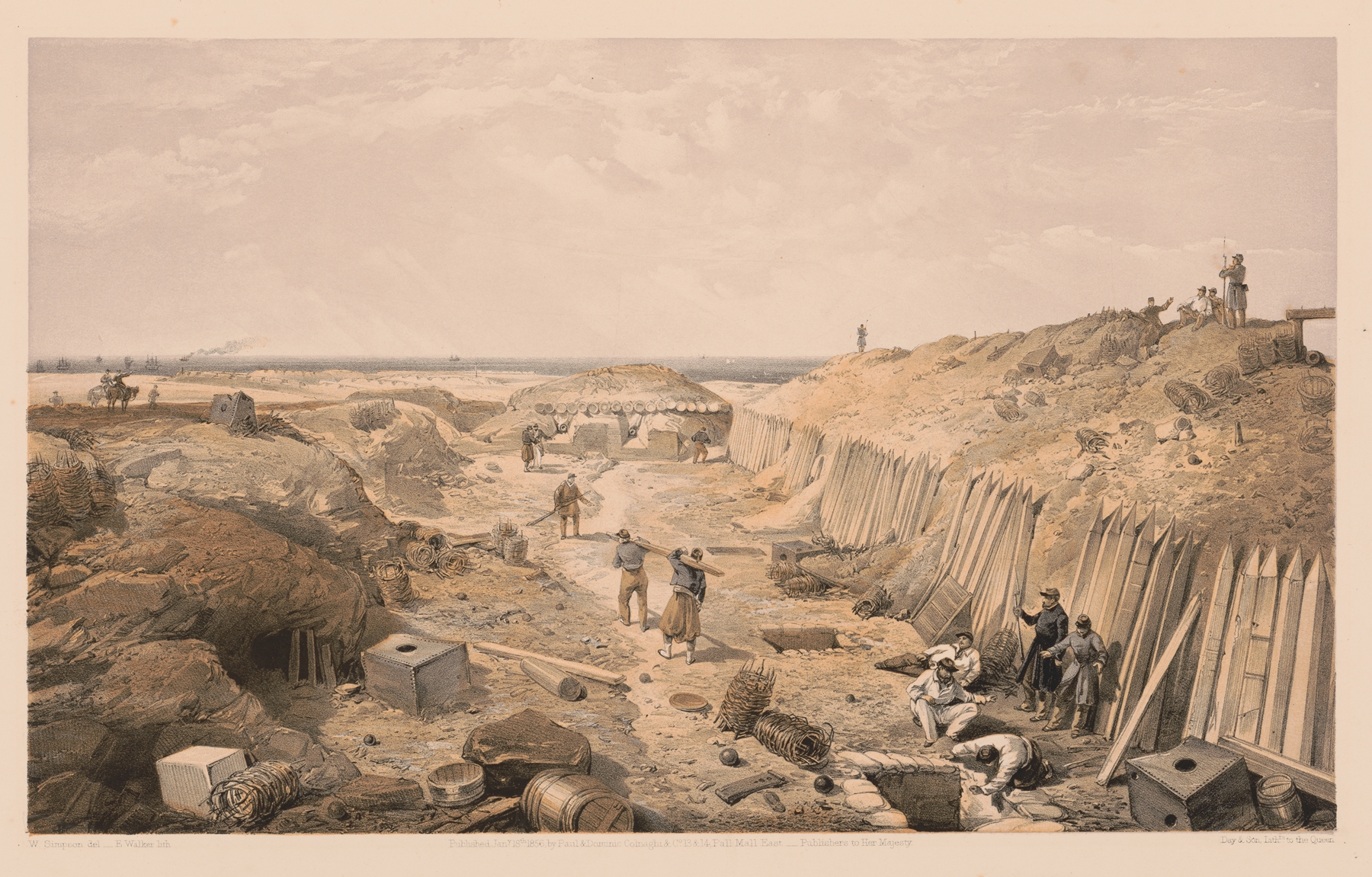 Ditch of the Bastion du Mât by William Simpson, oil painting depicting a landscape.