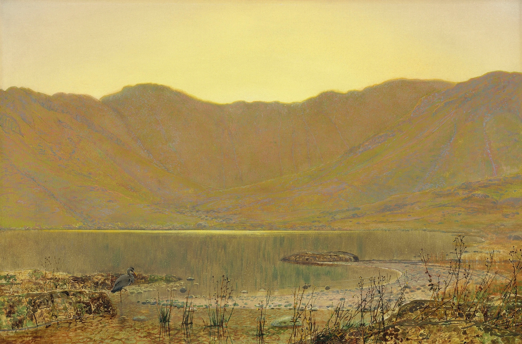 Sun-dip, the home of the heron by John Atkinson Grimshaw, oil painting of a serene river at twilight.