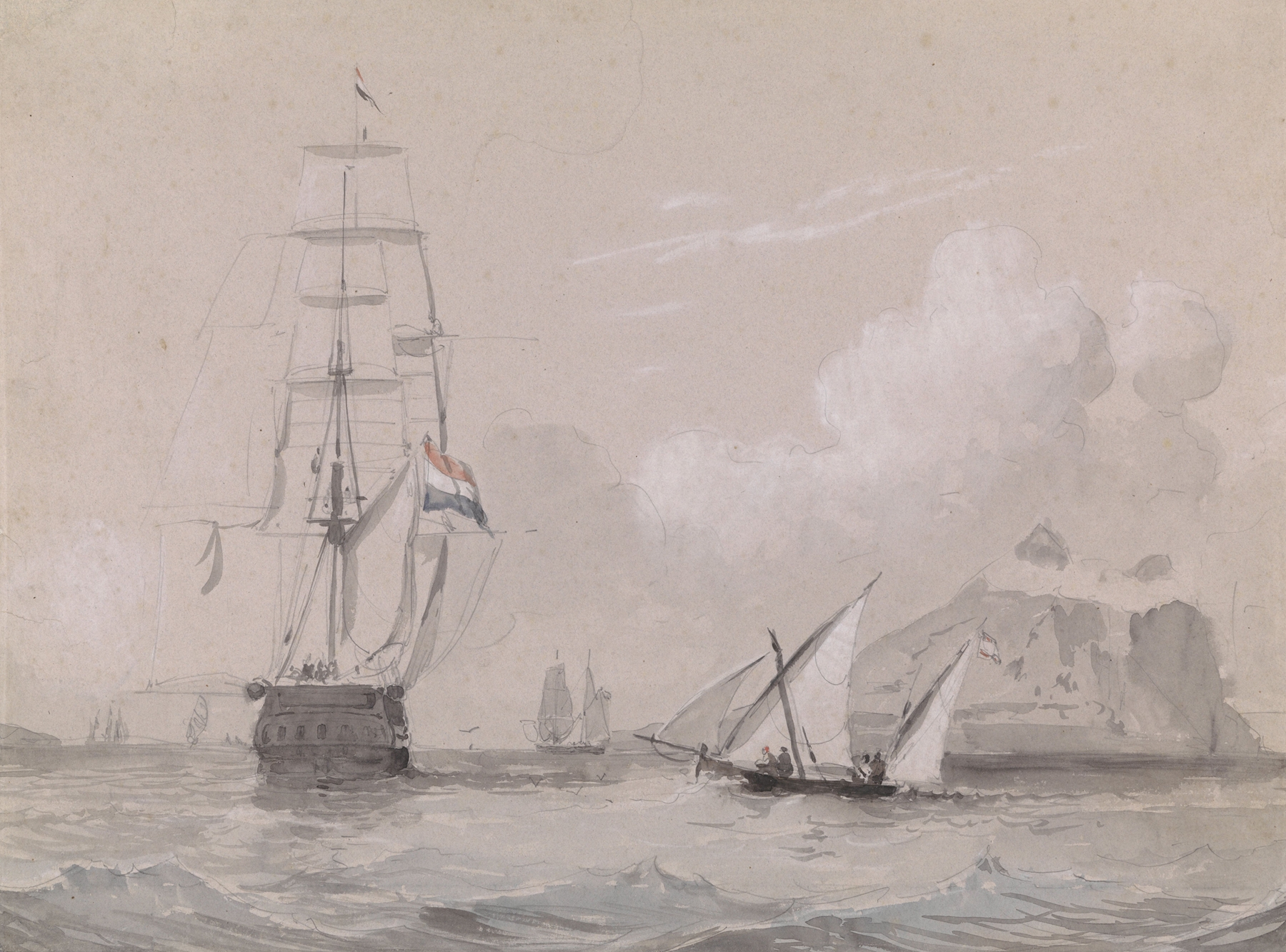 Oil on canvas by Willem Anthonie van Deventer depicting a sailing ship near Gibraltar.