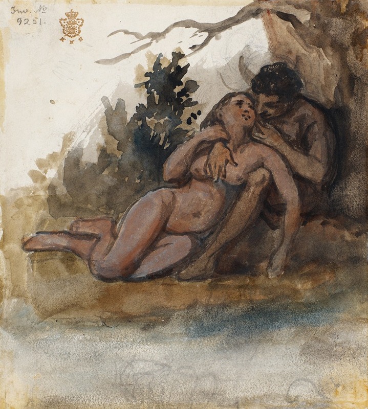 A couple embraces under a tree in Wilhelm Marstrand's painting.