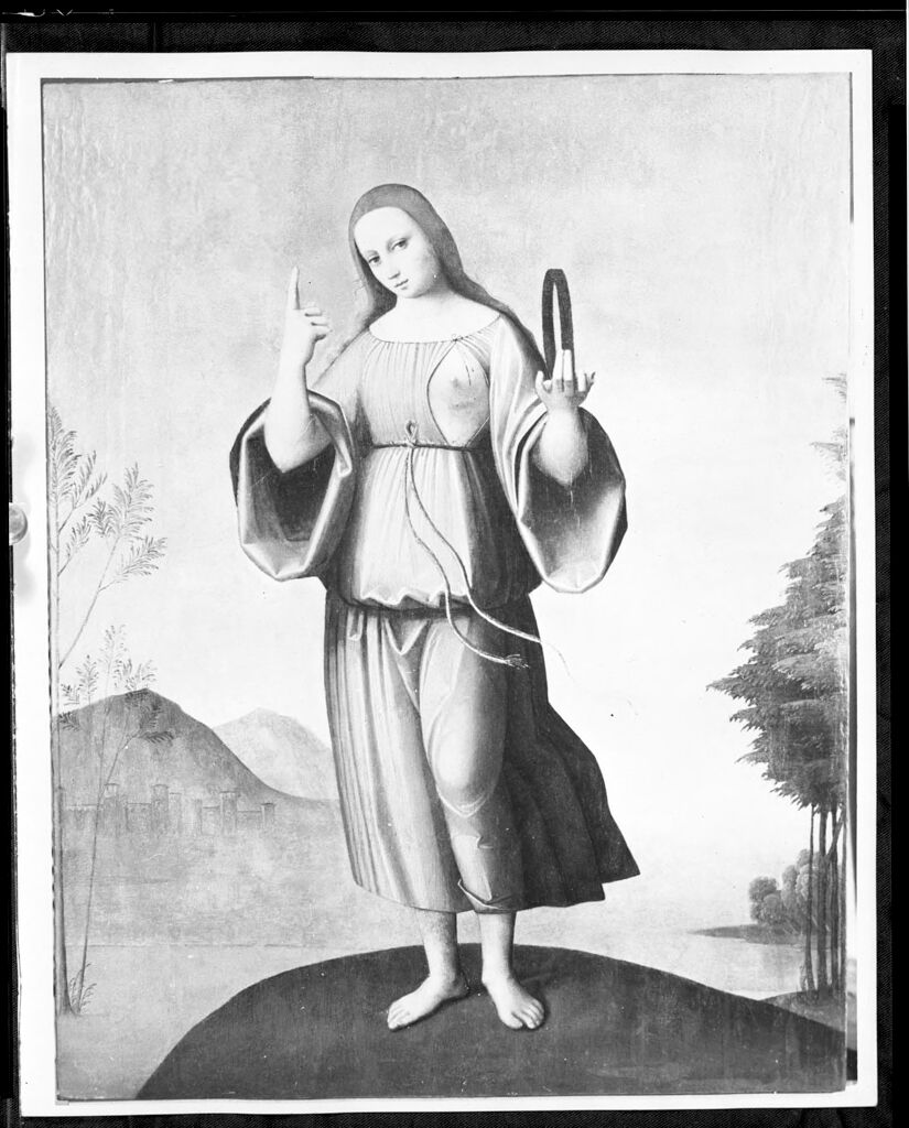 Allegorical figure of a woman holding a circle, oil on panel by Giovanni Battista Benvenuti