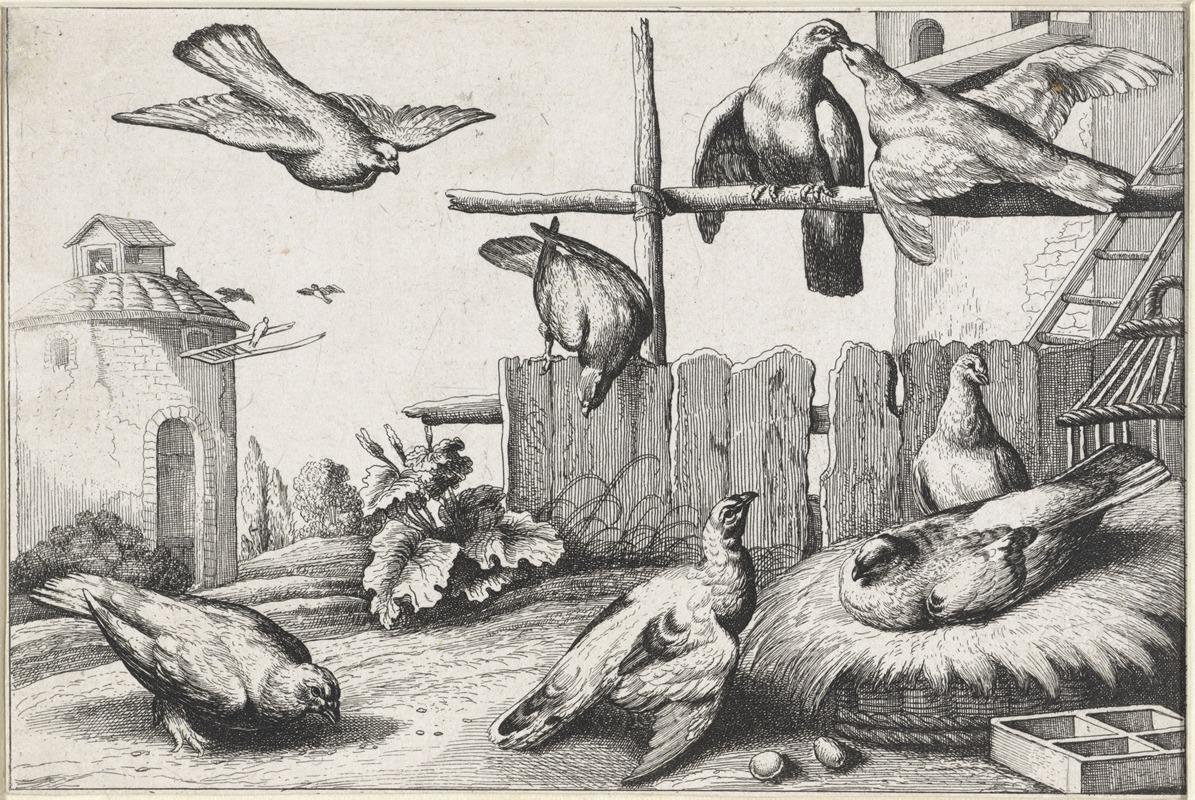 A depiction of eight pigeons in a farmyard setting.