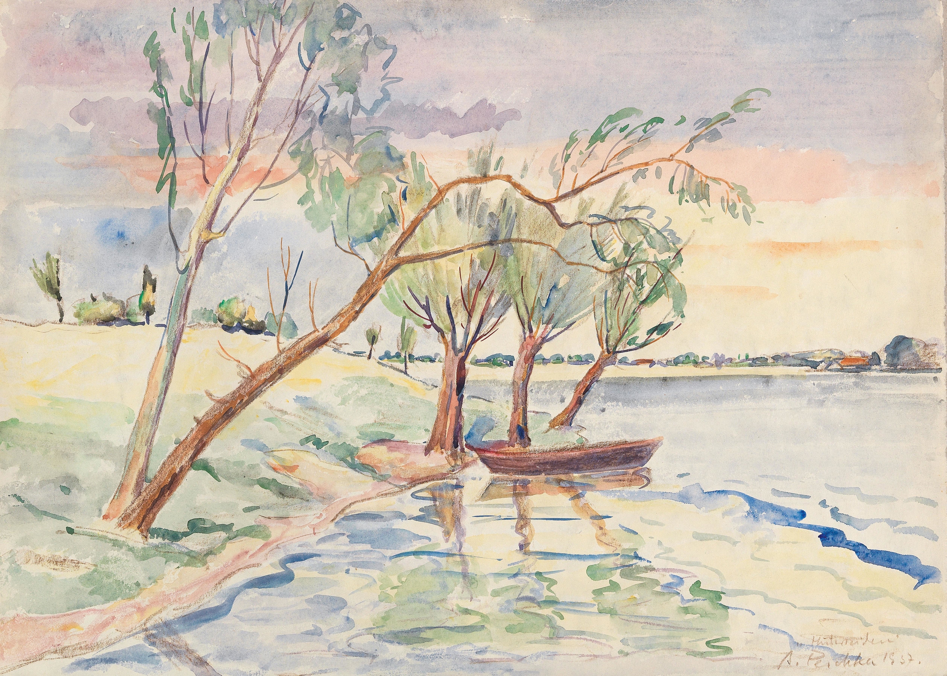 Hutweiden by Anton Emanuel Peschka, oil on canvas depicting a vibrant landscape with grass and hues.