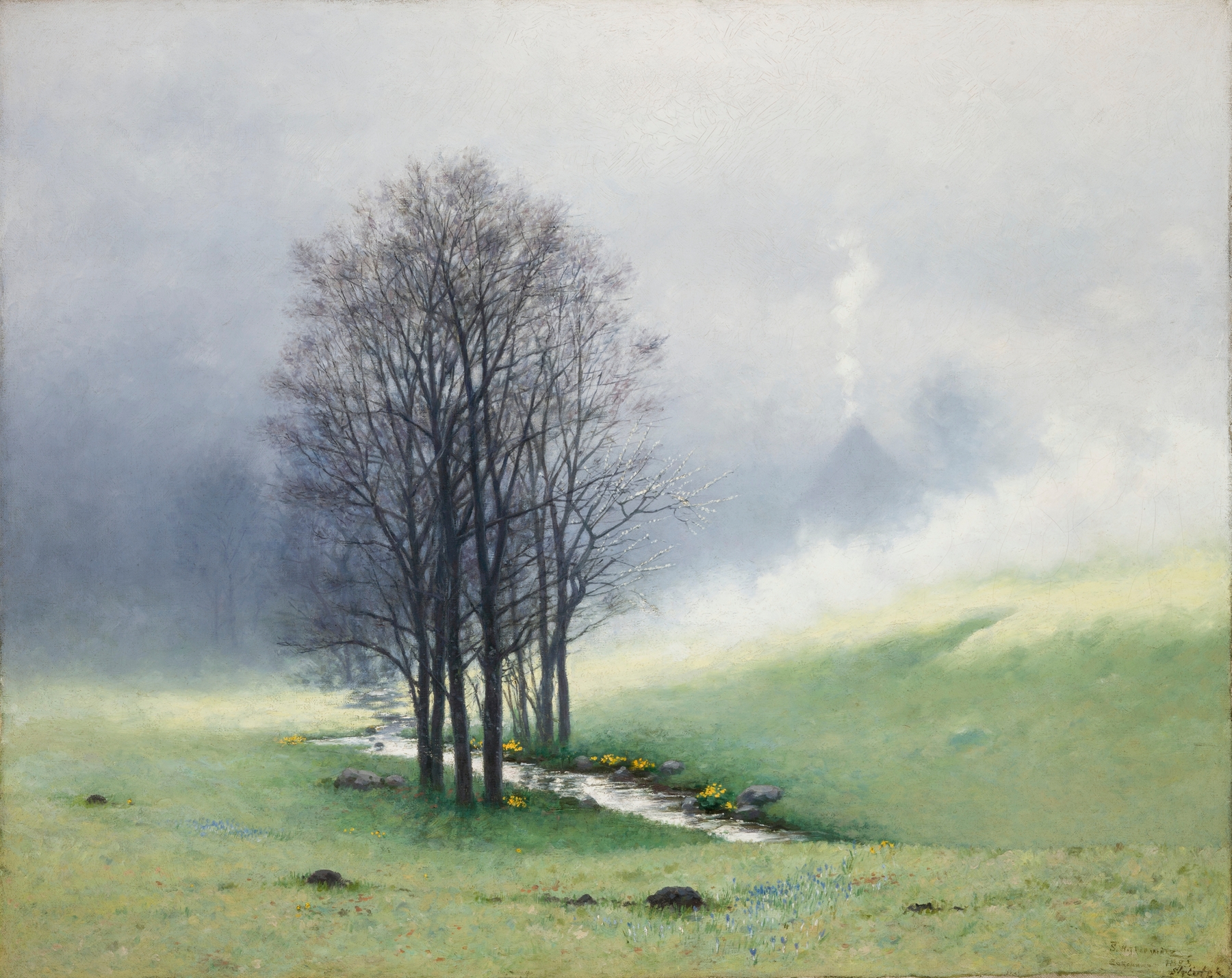 Spring Mist by Stanisław Witkiewicz, oil on canvas, depicting a misty landscape with soft blue and gold tones.