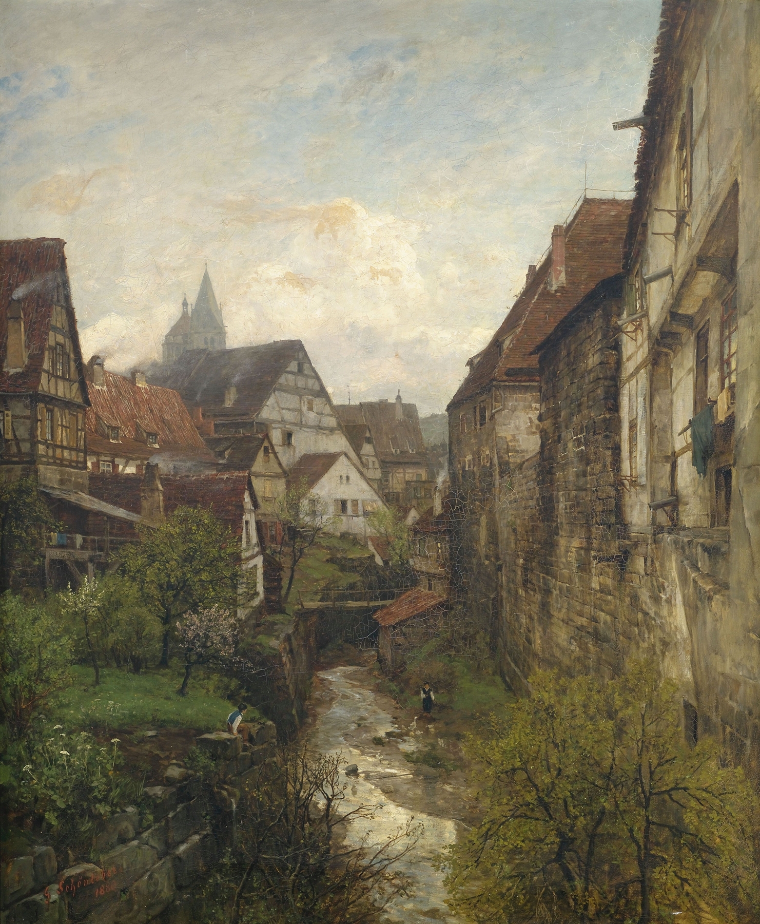 Genre scene with figures conversing in summer, oil painting by Gustav Schönleber
