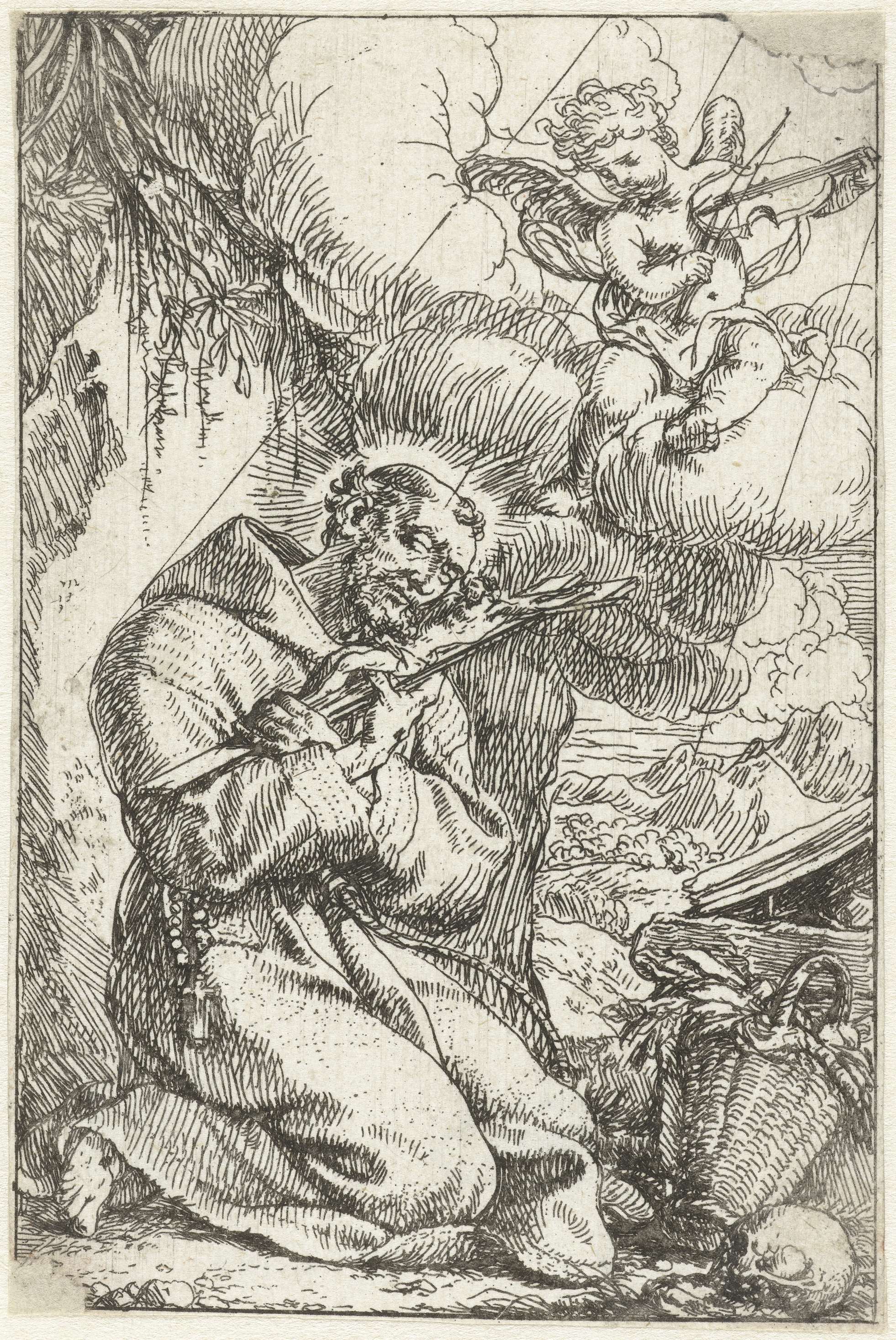 Saint Francis embracing the crucifix in an etching by Jonas Umbach