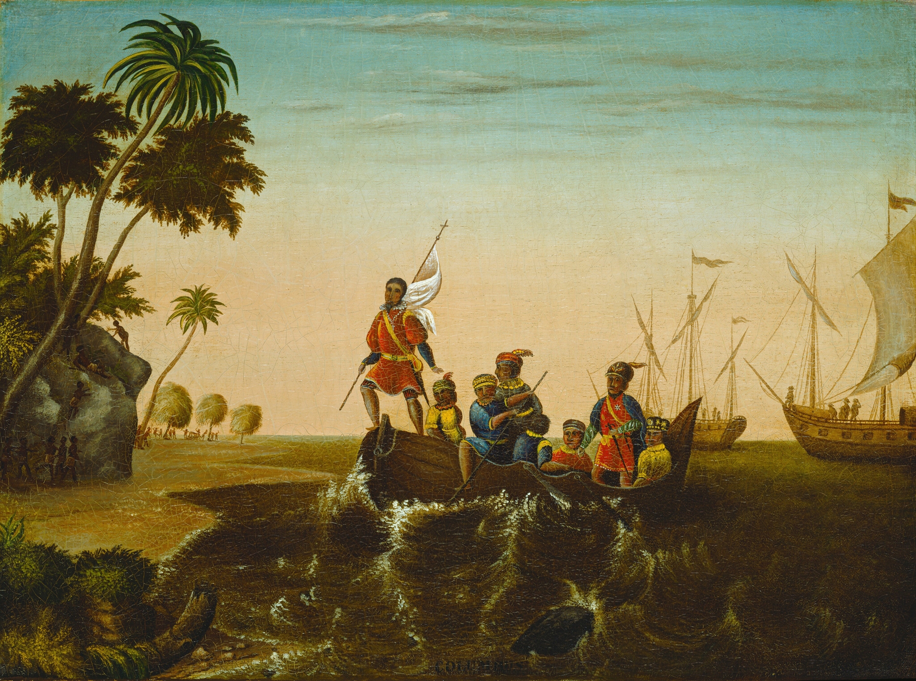 The Landing of Columbus, oil on canvas by Edward Hicks, depicting Columbus stepping onto the shore.