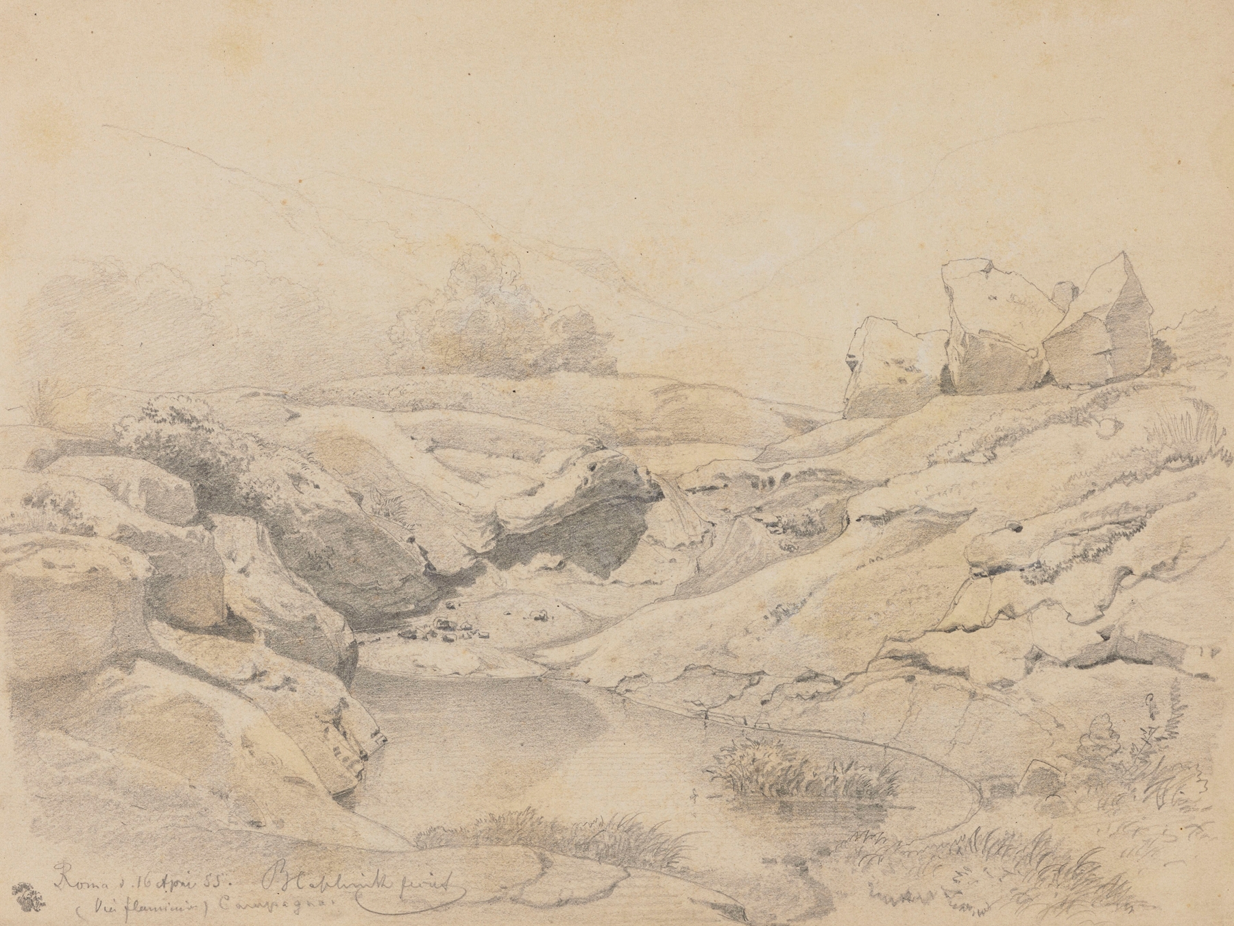 Pond among Rocks, oil on canvas by Arthur Blaschnik, featuring a serene pond with rugged rocks.