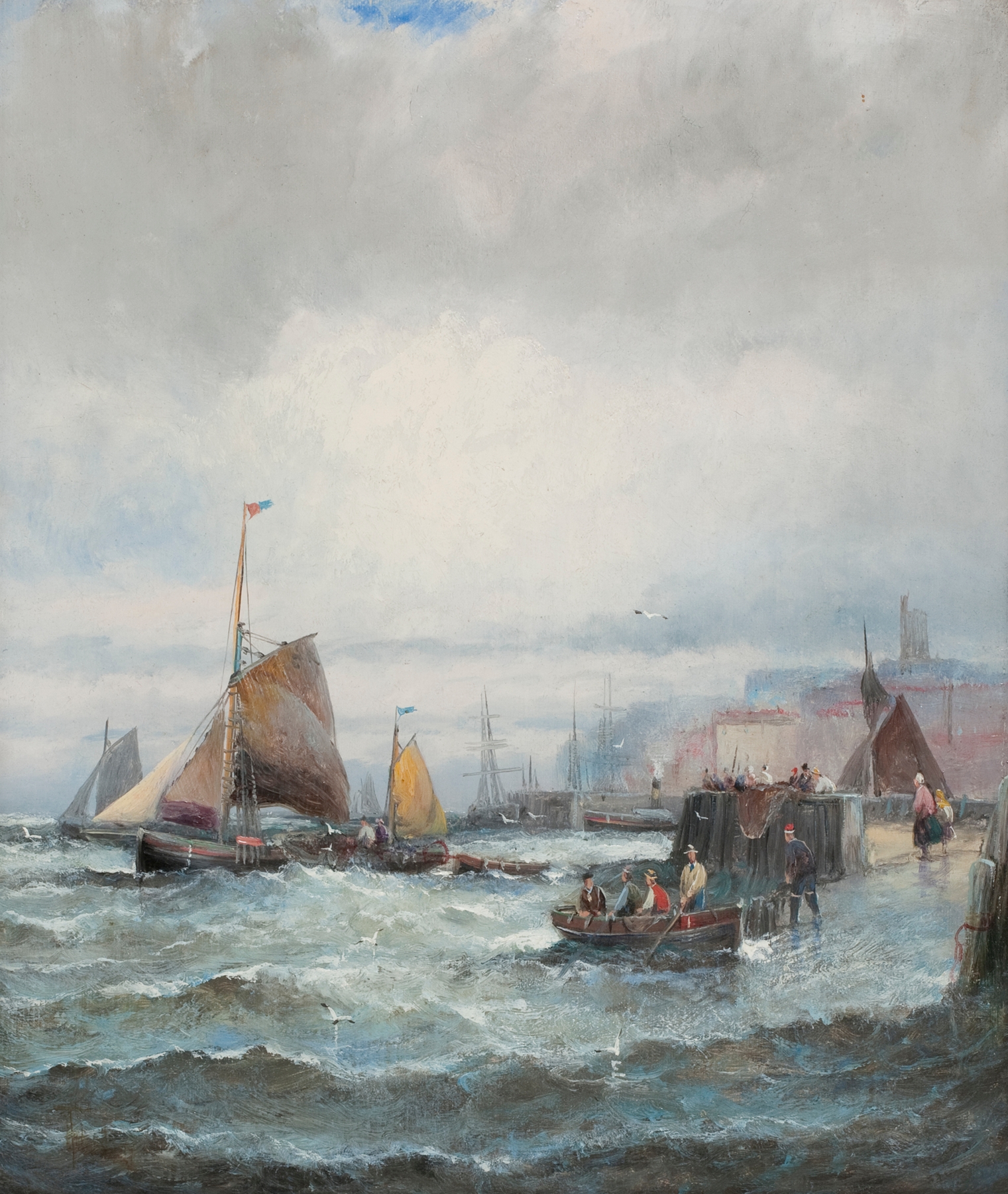 Boats at Whitby Harbour by Charles Anslow Thornley, oil painting depicting boats in a tranquil sea