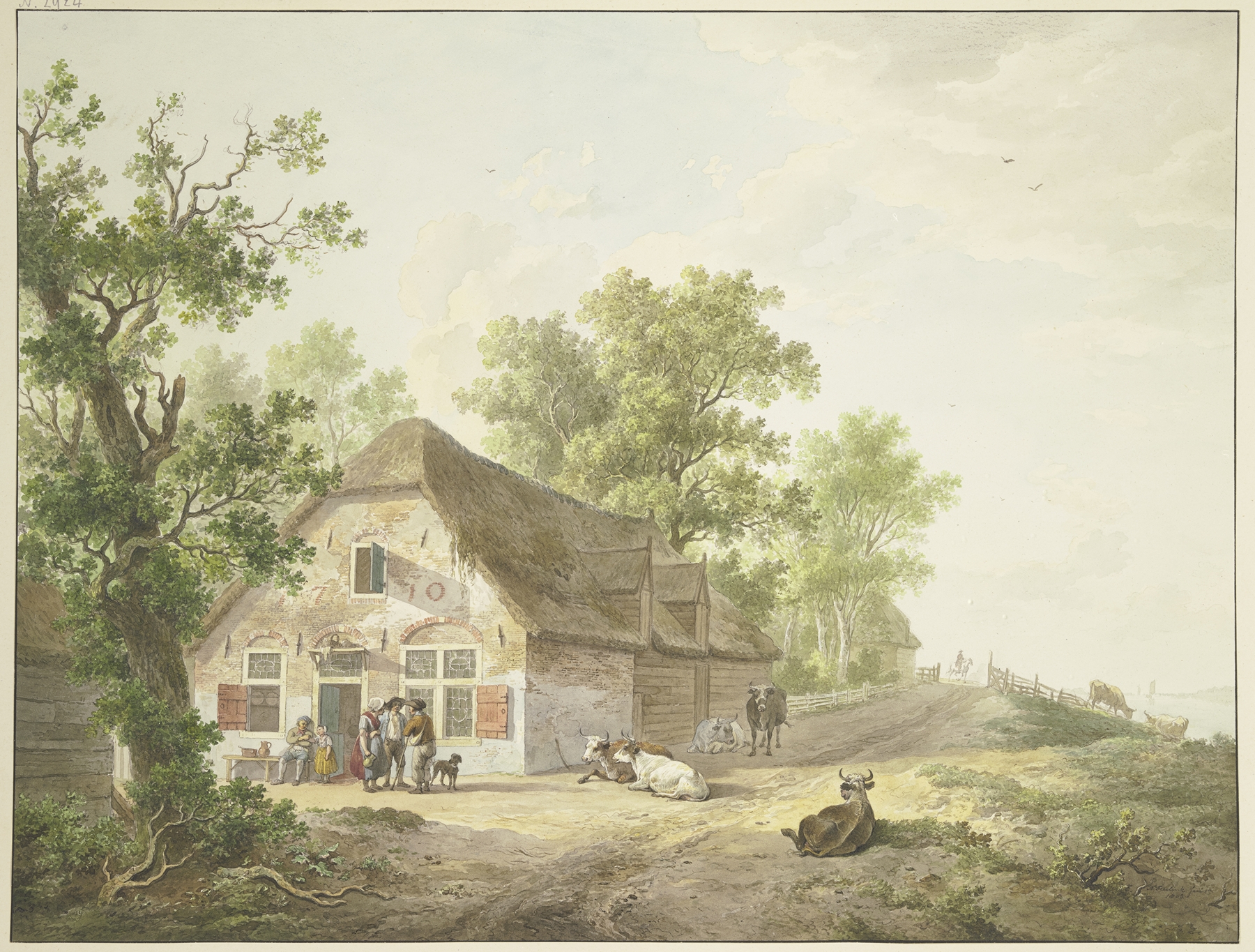 Genre scene depicting a farmhouse with five cows, figures, and a dog by Abraham Teerlink, oil painting.