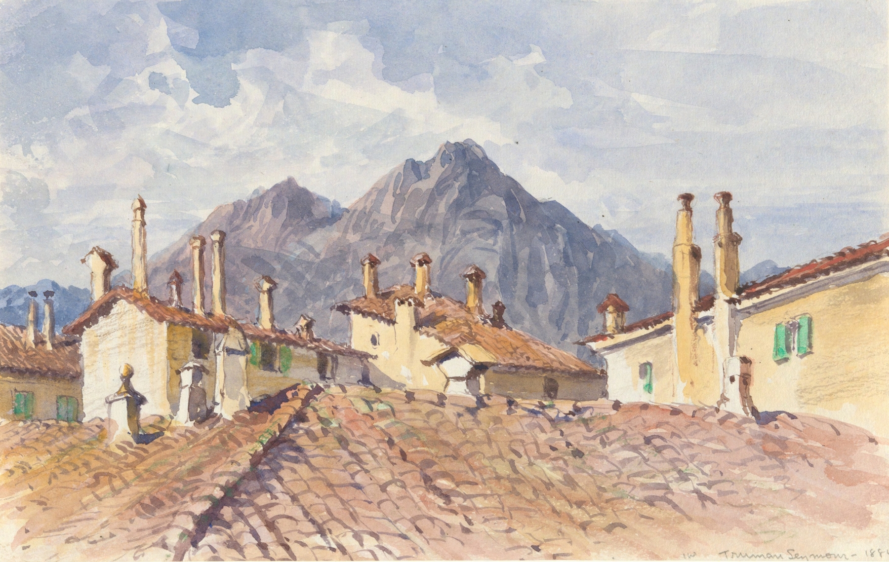 Housetops and Mountains by Truman Seymour, oil painting depicting rooftops and mountains at dusk.