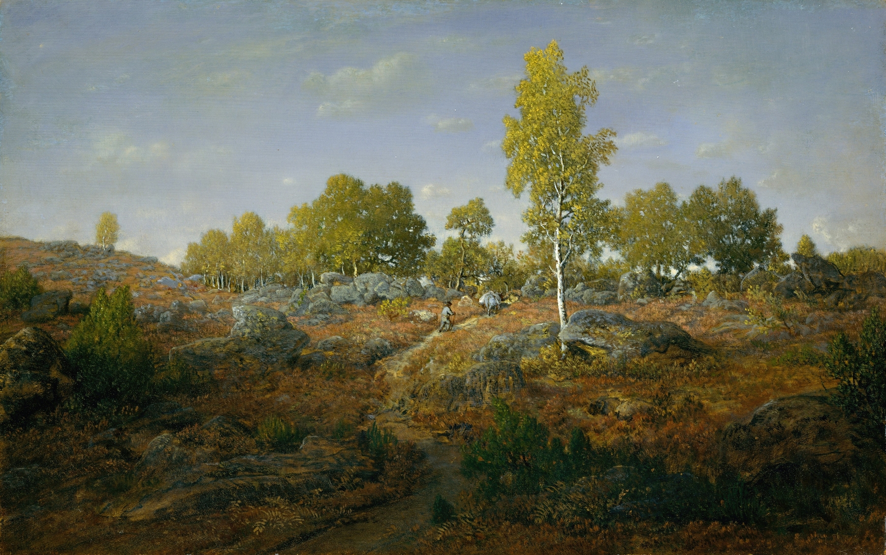 A Path among the Rocks by Théodore Rousseau, oil painting of a winding path through rocky terrain.