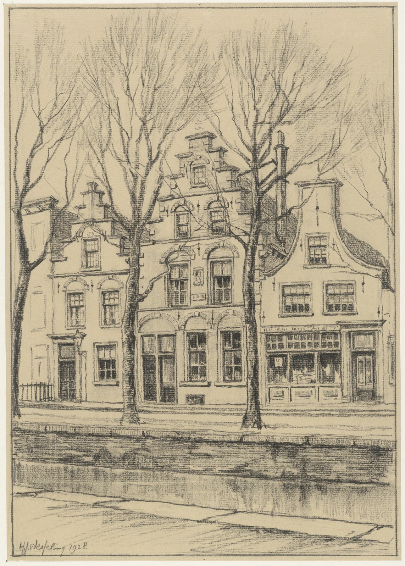 Bakenessergracht 55 by Hendrik Jan Wesseling, oil on canvas depicting a quiet canal scene