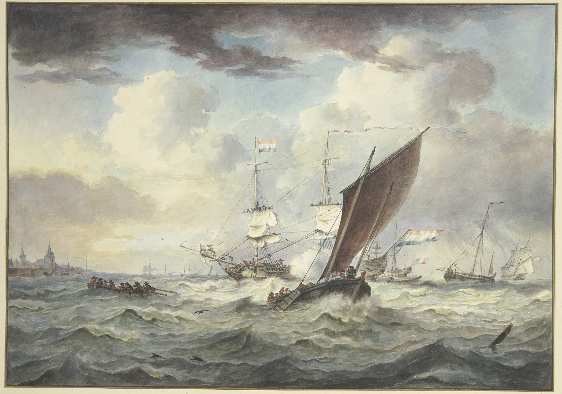 Marine scene with ships and a city, by Leendert de Koningh, oil painting