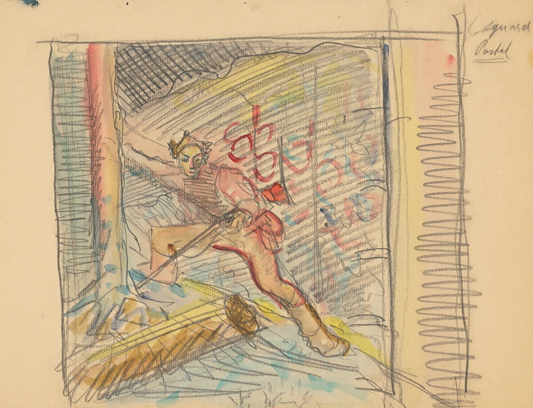 A depiction of a hunter in a natural setting.