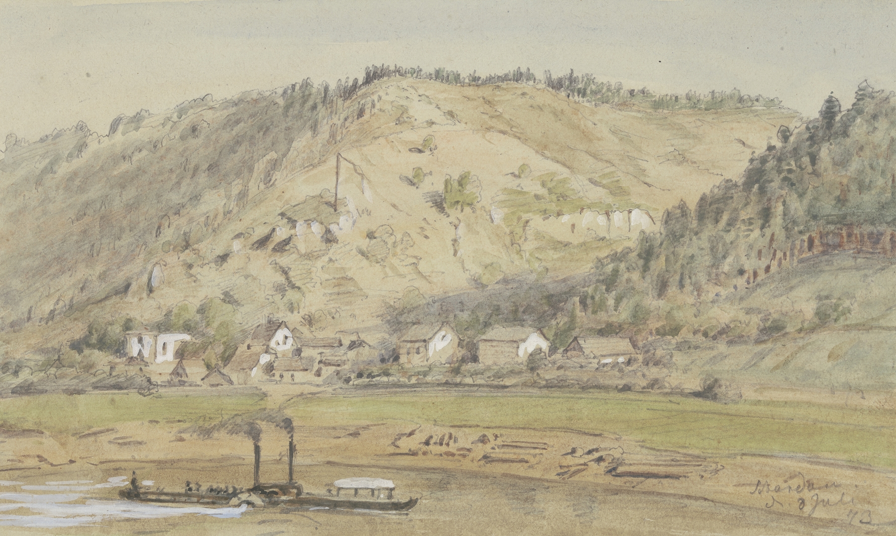 The shore opposite Schandau, oil on canvas by Friedrich Eugen Peipers, depicting a lush landscape with river and sky.