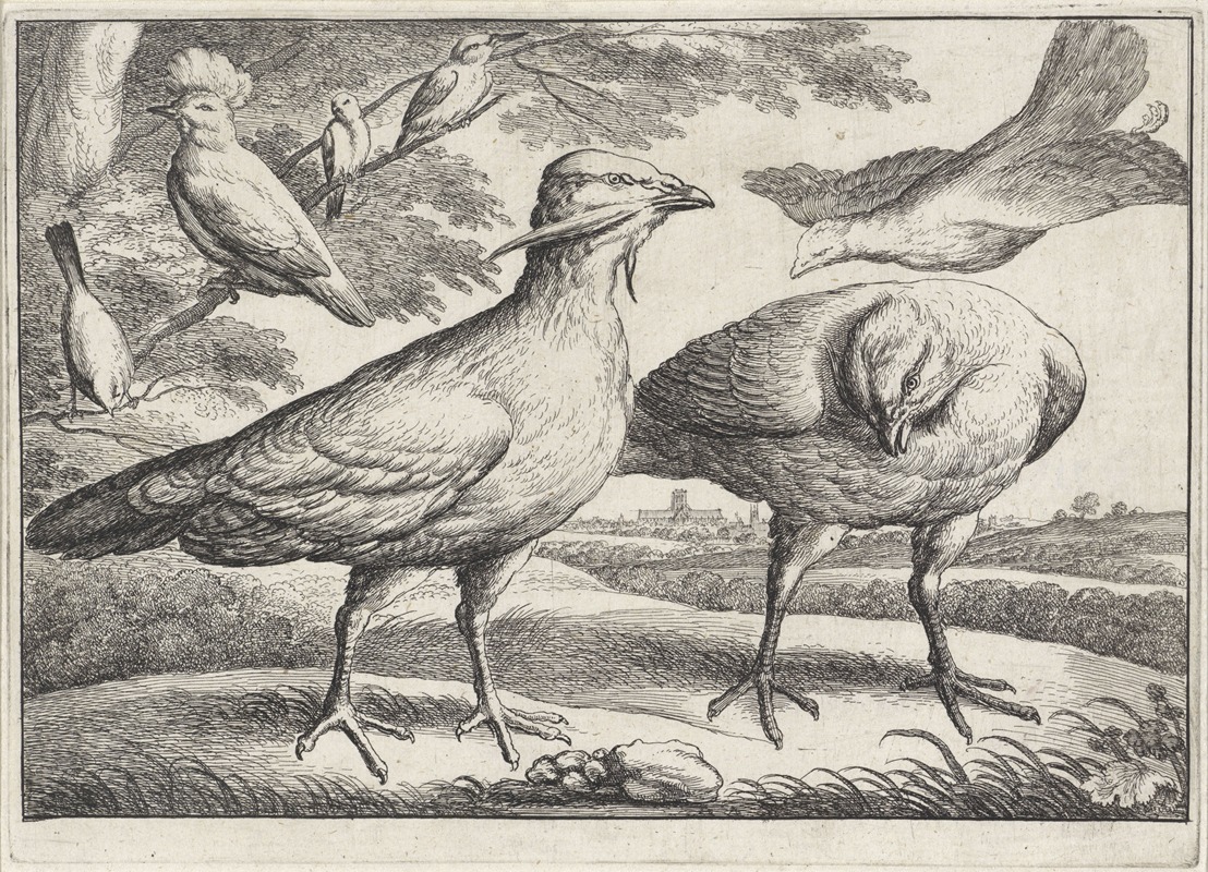 A painting depicting three bustards, one in flight.