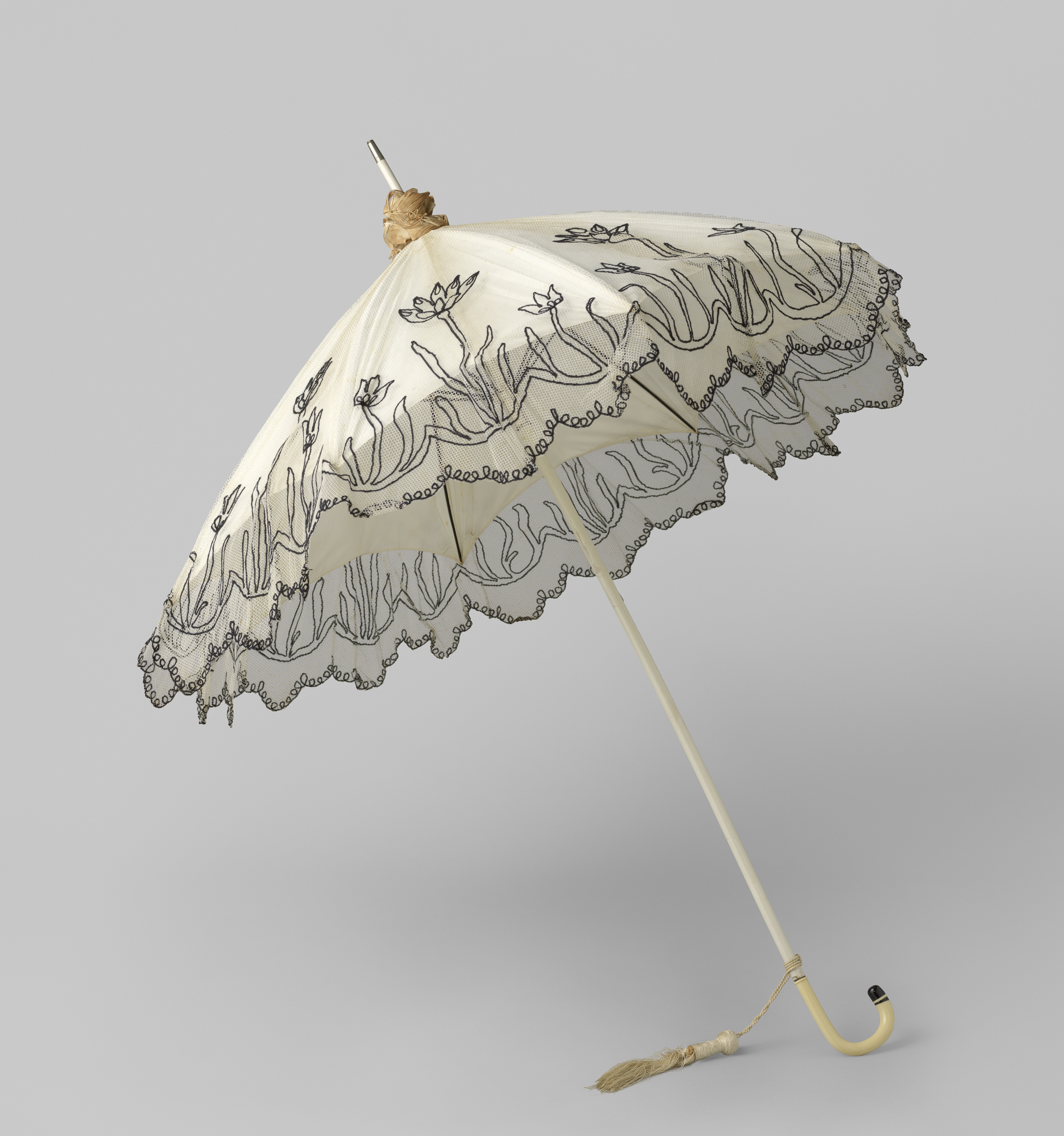 Parasol with white tulle and black embroidery by Gustav Schnitzler