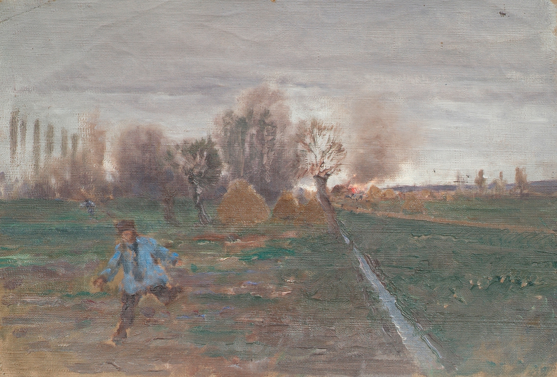 Landschaft mit brennendem Gehöft by Anton Nowak, oil on canvas, depicts a cottage engulfed in flames amidst a somber landscape.