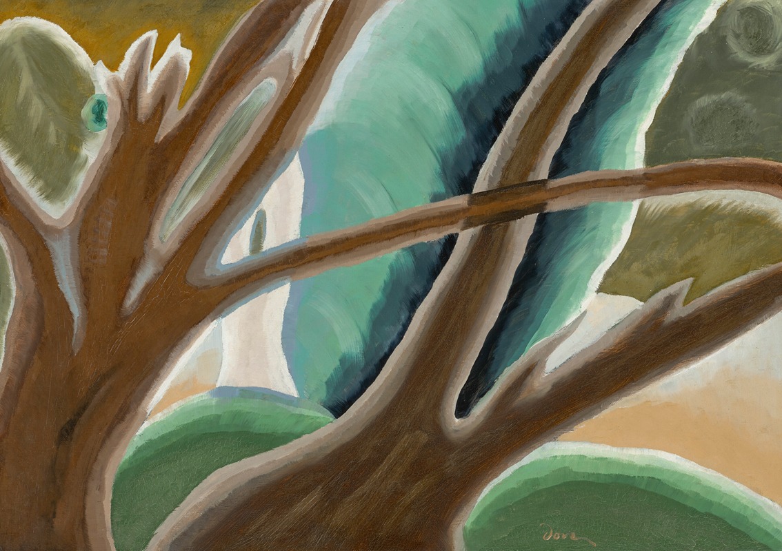 A painting featuring two brown trees in a stylized landscape.