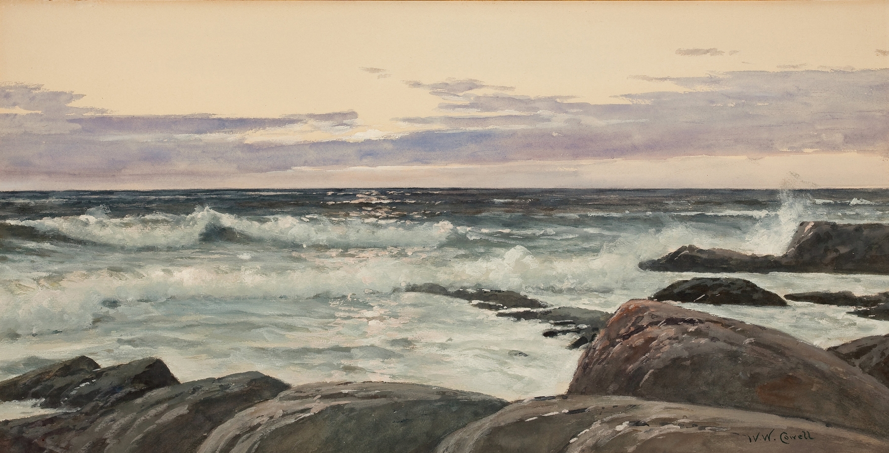 Landscape depicting soft golden light at dawn by William Wilson Cowell