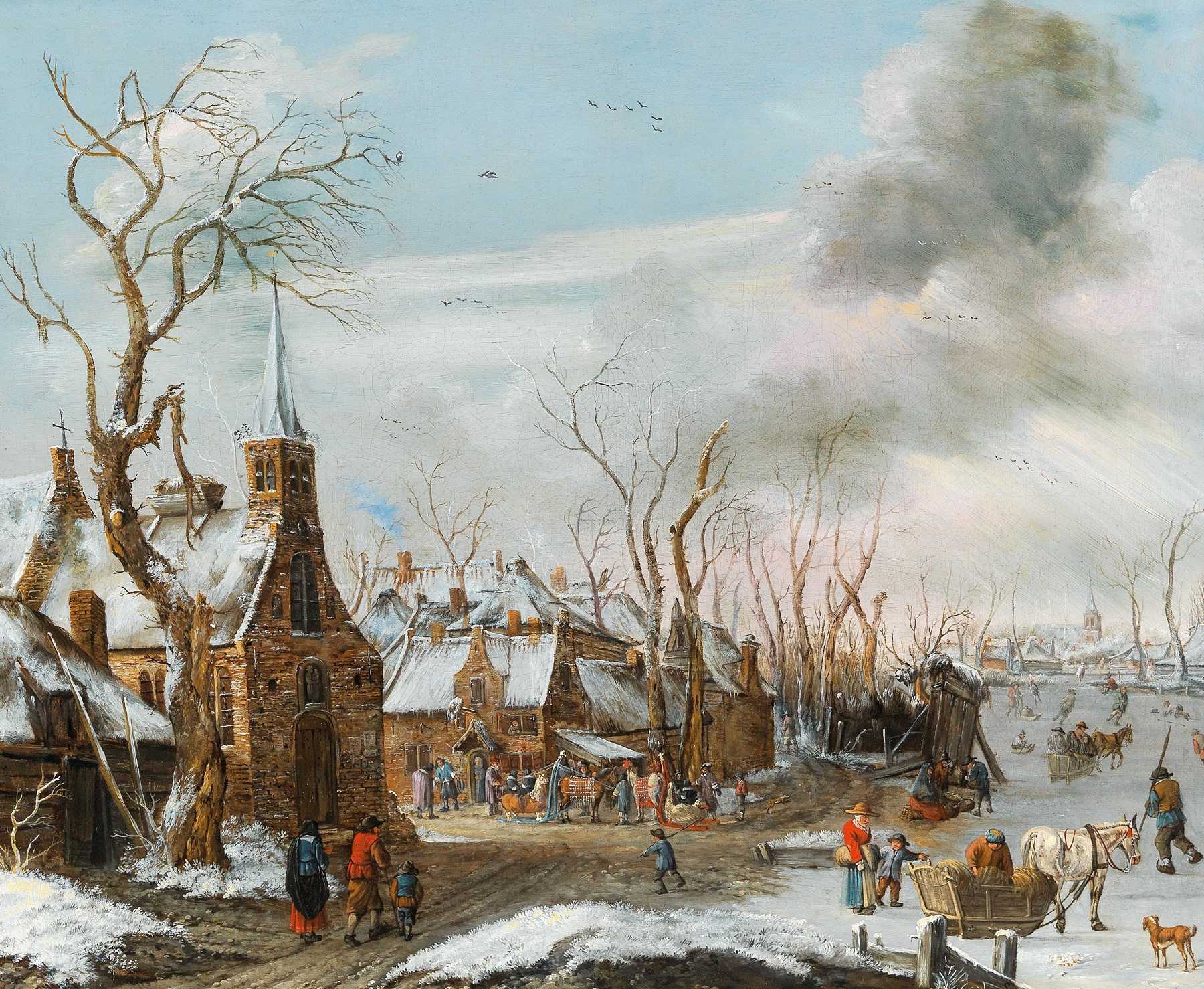 A winter landscape market scene by Salomon Rombouts, oil on canvas.