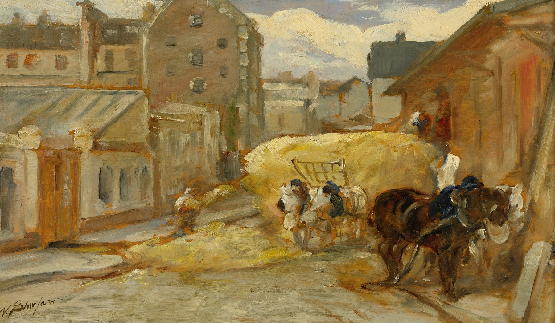 The Hay Cart by Walter Shirlaw, realism, depicts a weathered cart filled with hay.
