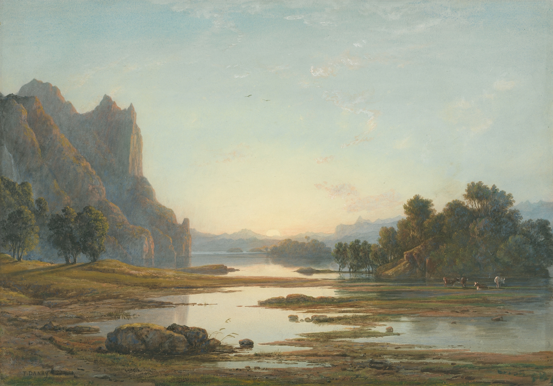 Sunset over a river landscape, oil on canvas by Francis Danby