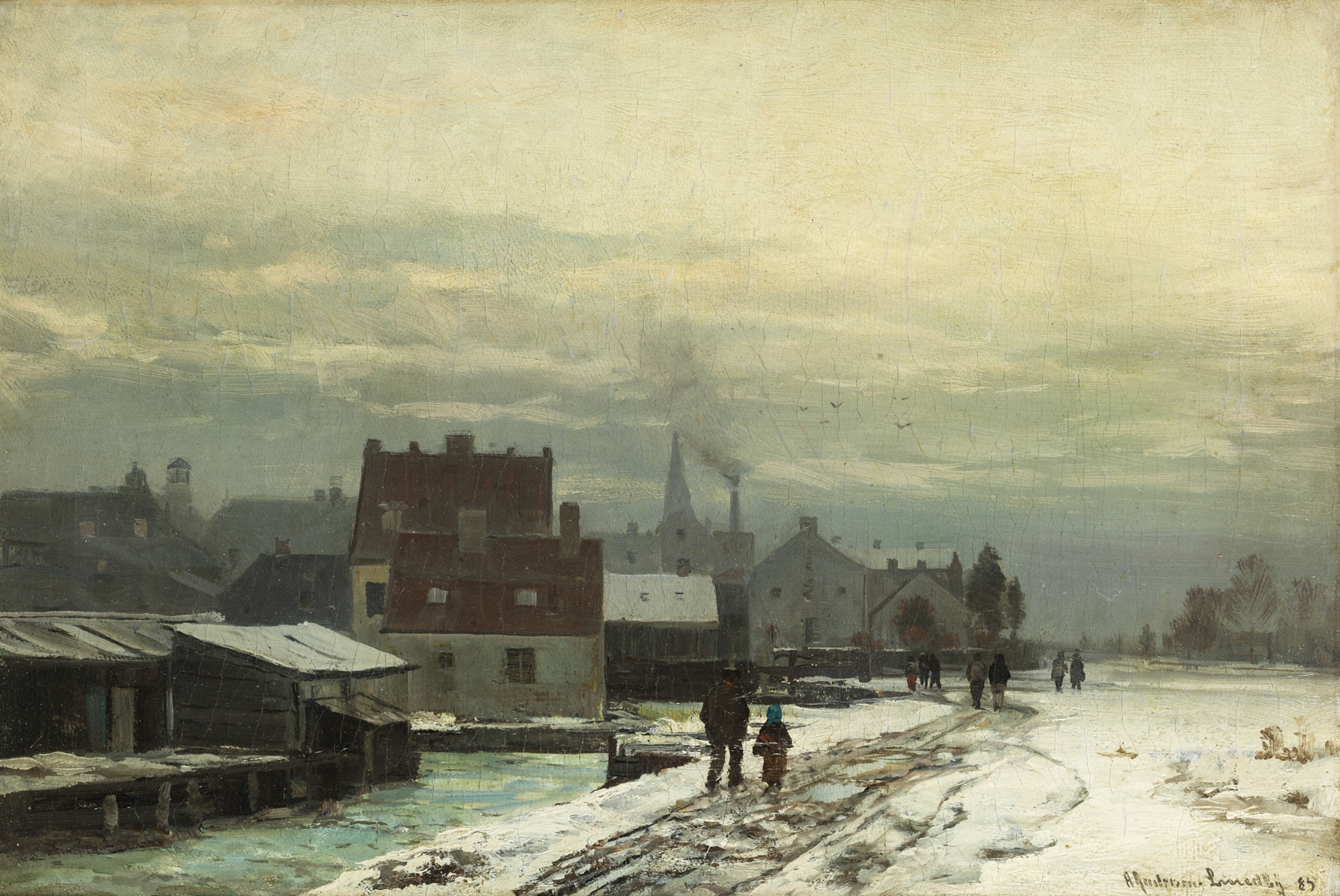 Winter landscape by Anders Andersen-Lundby, oil on canvas depicting soft snow-covered mounds.