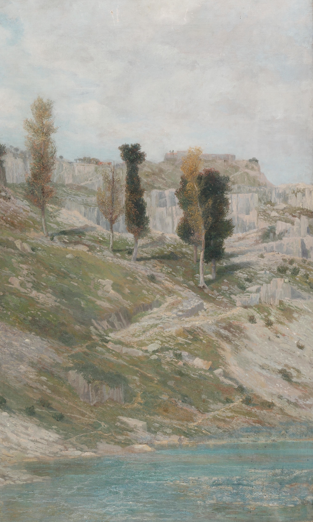 Felsenlandschaft bei St. Canzian by Karl Mediz, oil on canvas depicting a rugged landscape.