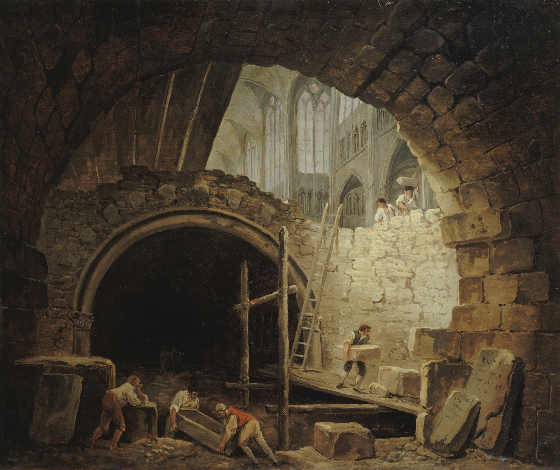 La Violation des caveaux des rois dans la basilique de Saint-Denis, en octobre 1793, by Hubert Robert, public domain