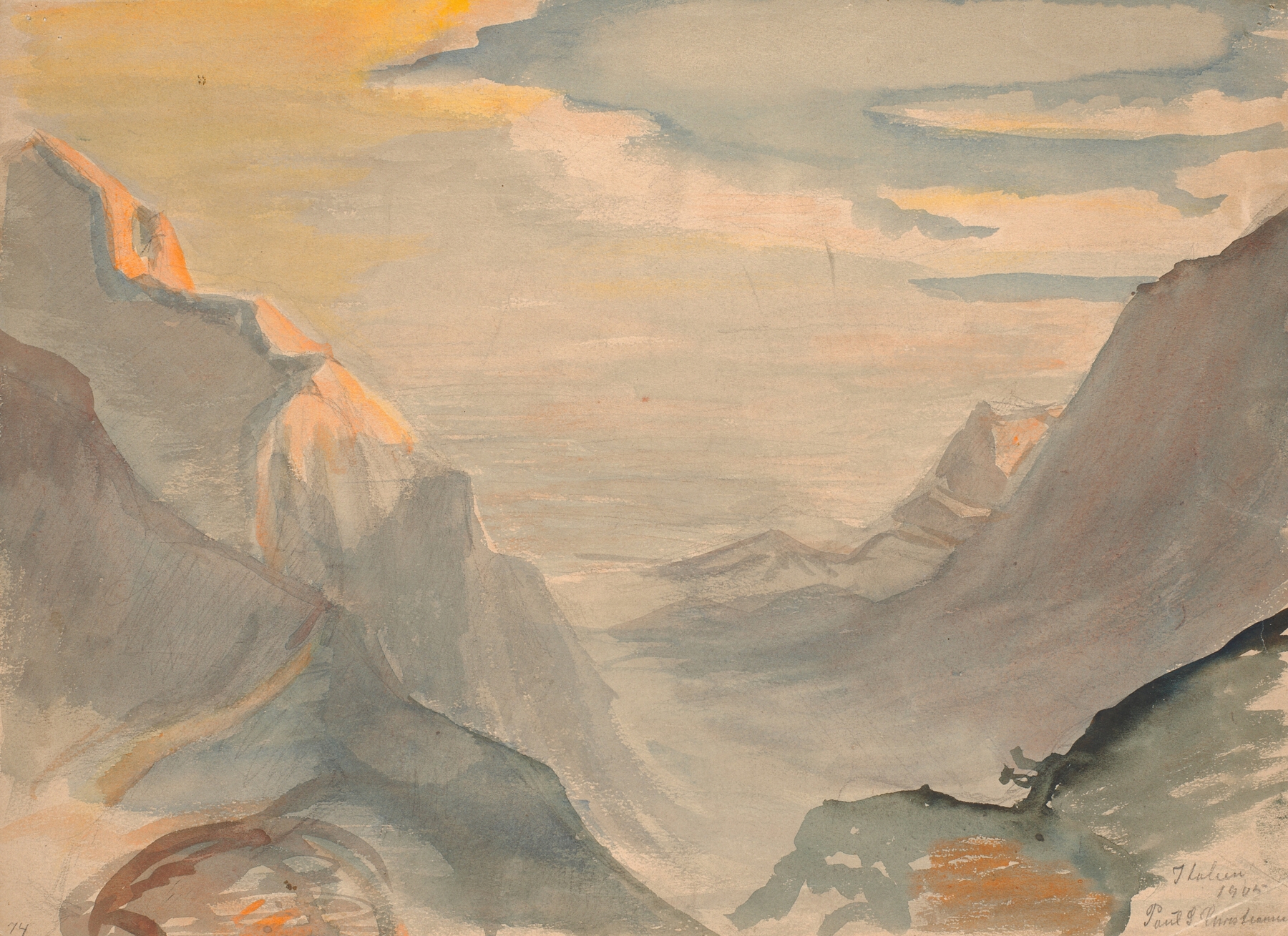Landscape oil painting by Poul Simon Christiansen featuring rolling hills and mountains