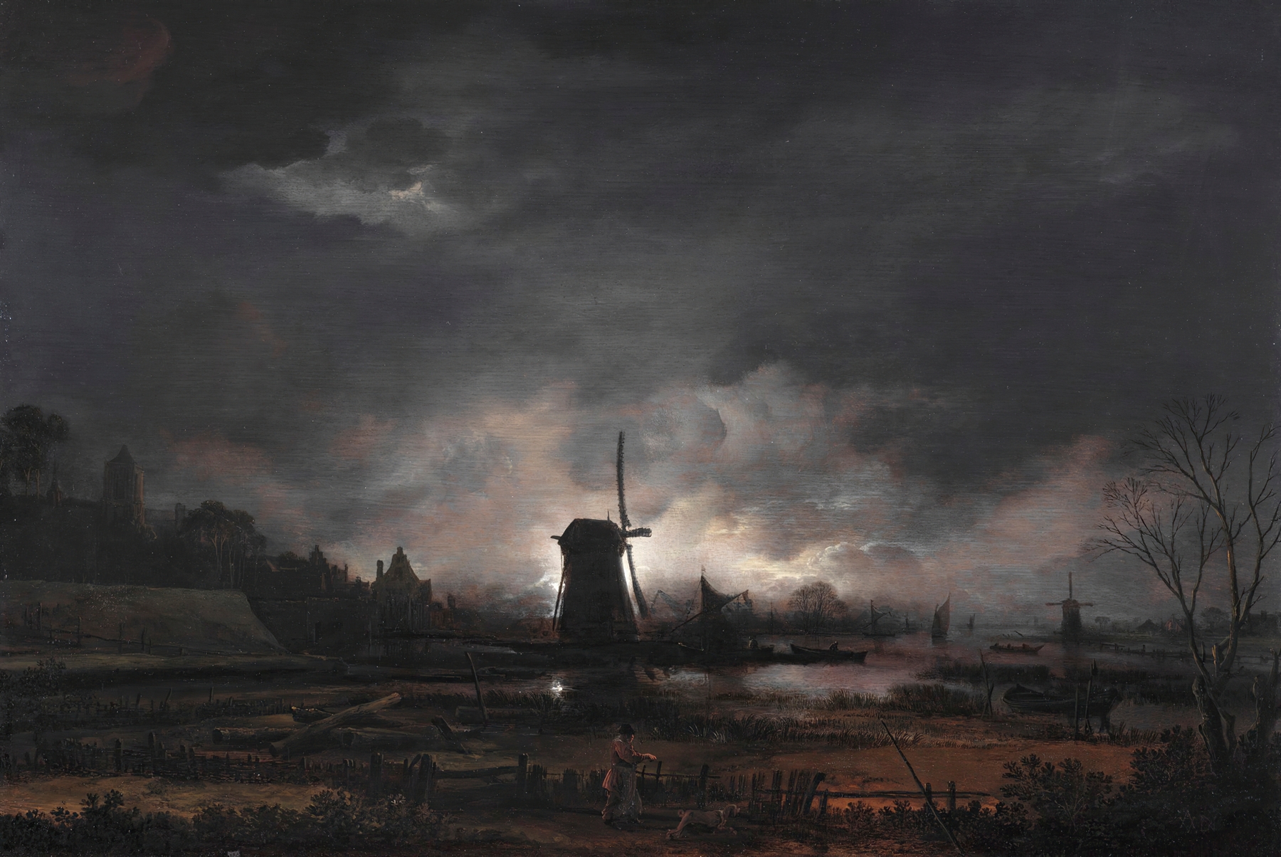 Moonlit Landscape With A Windmill, by Aert van der Neer, public domain