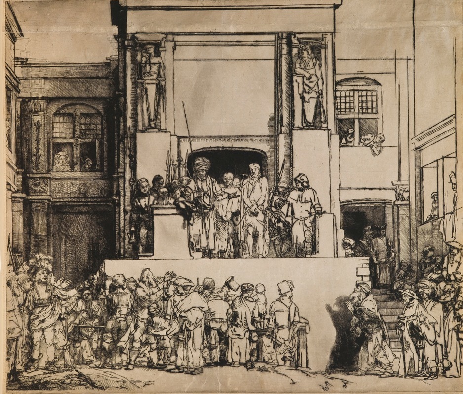Rembrandt's 'Ecce Homo' depicts Christ presented to the people, showcasing his emotional expression.