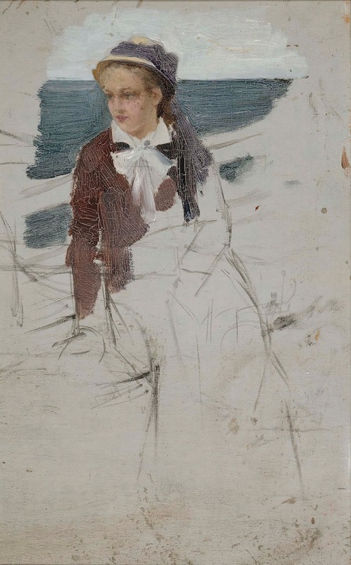 A sketch of a woman sitting by a railing, showcasing Edelfelt's attention to detail.