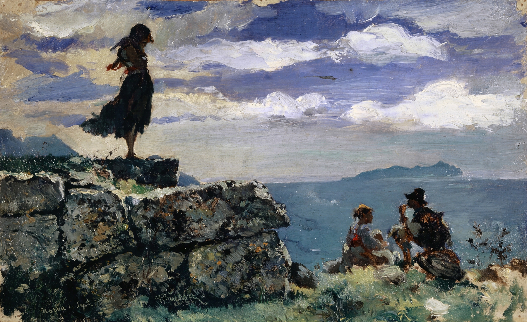 Figurative oil painting by Frank Buchser of a girl sitting on ashlar stones.