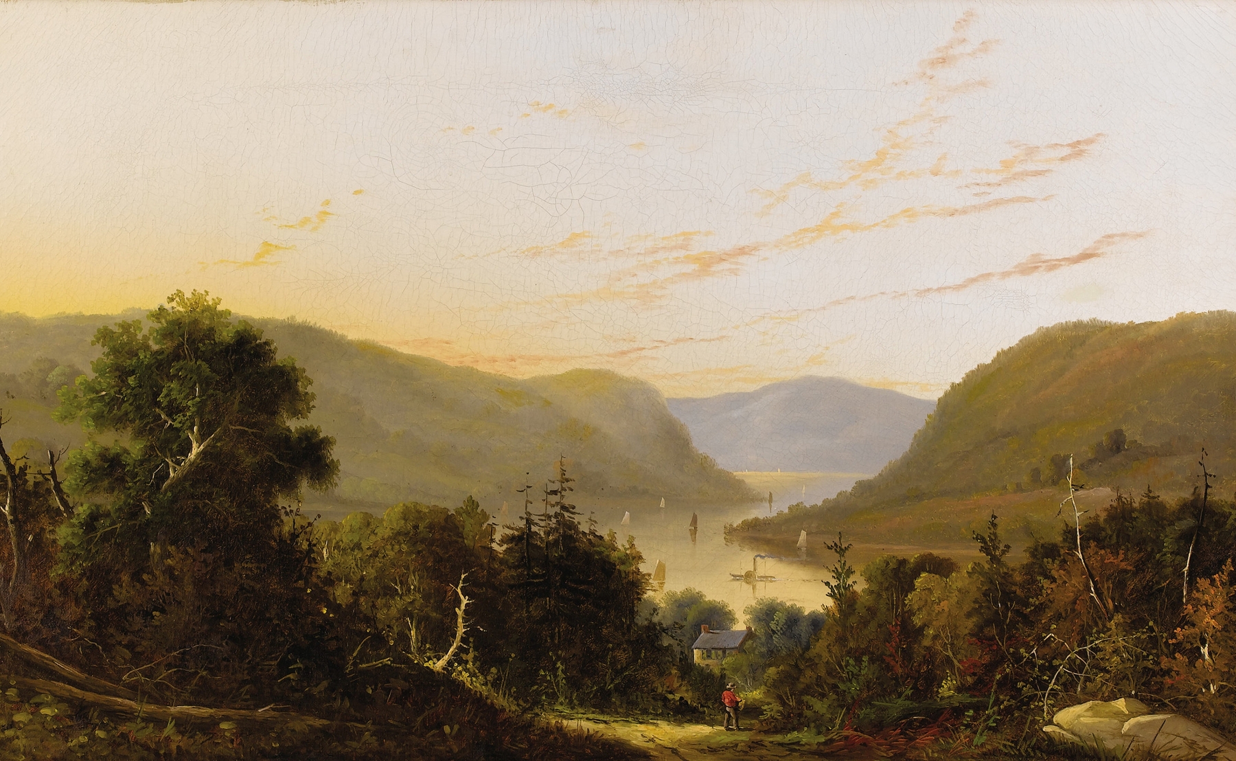 Hudson River landscape with river traffic, oil painting by William Louis Sonntag