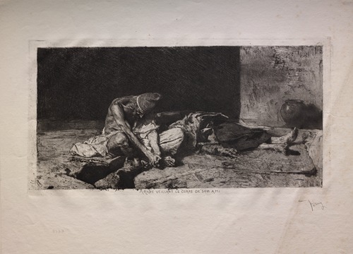 An Arab man watches over the body of his friend in a dramatic scene.
